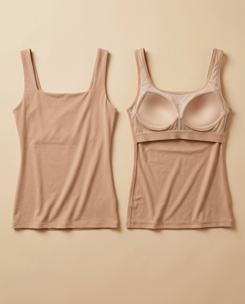 Le débardeur à soutien-gorge intégré, nude, de face et retourné : 2 coques amovibles et bande élastique