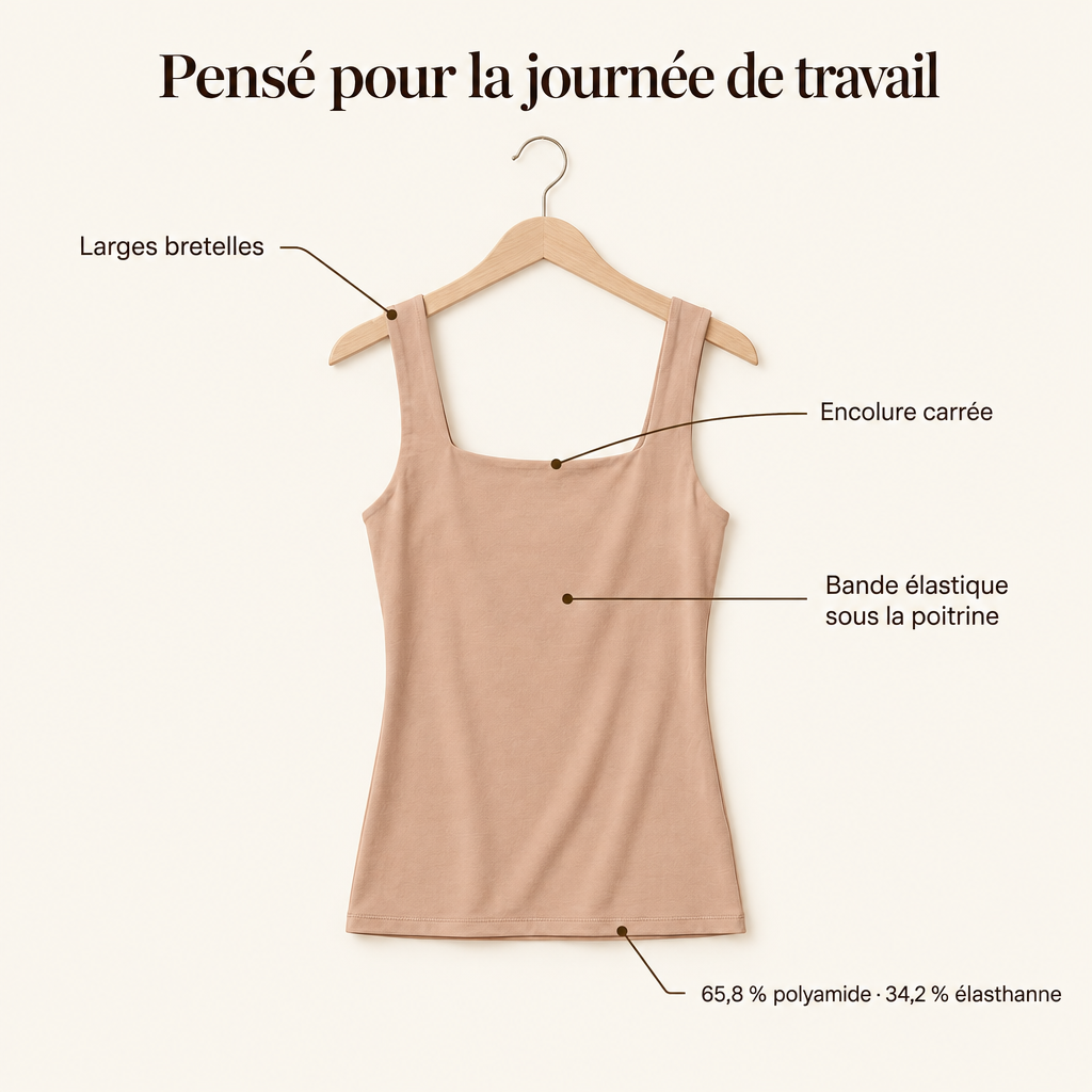 Pensé pour la journée de travail : larges bretelles, encolure carrée, bande élastique, 65,8 % polyamide et 34,2 % élasthanne