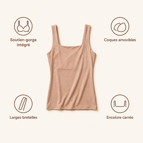 Soutien-gorge intégré, coques amovibles, larges bretelles, encolure carrée