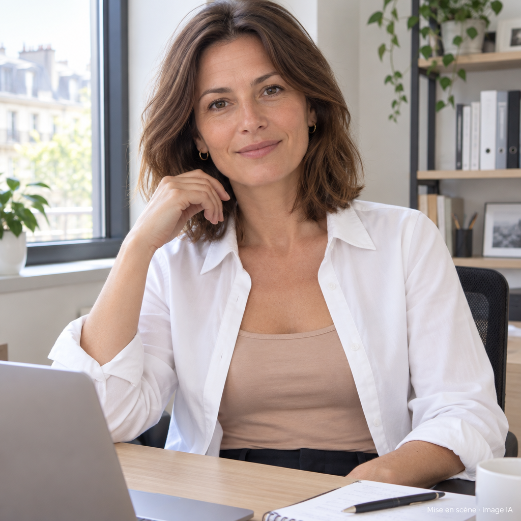 Porté sous une chemise blanche ouverte au bureau (mise en scène, image IA)